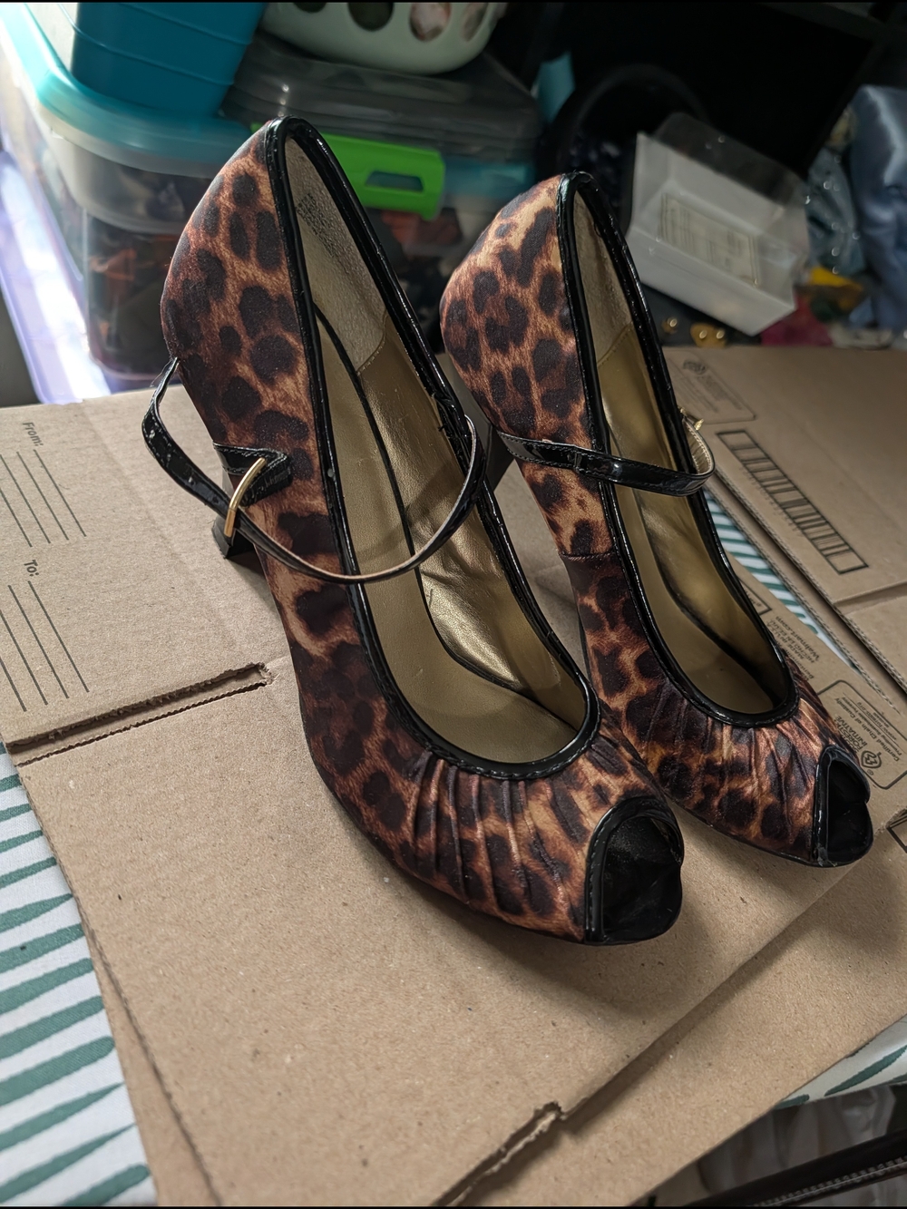 Madden Girl Leopard Print Peep-Toe Mary Jane Heels - Brown